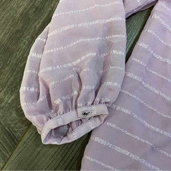 Le Chateau chiffon blouse smocked waist puff sleeve lined soft lilac textured LG - Picture 11 of 11